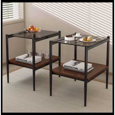 Ensemble de 3 tables basses et tables de bout, table en verre trempé avec panneau de fibres à densité moyenne, tables modernes pour le salon, verre gris