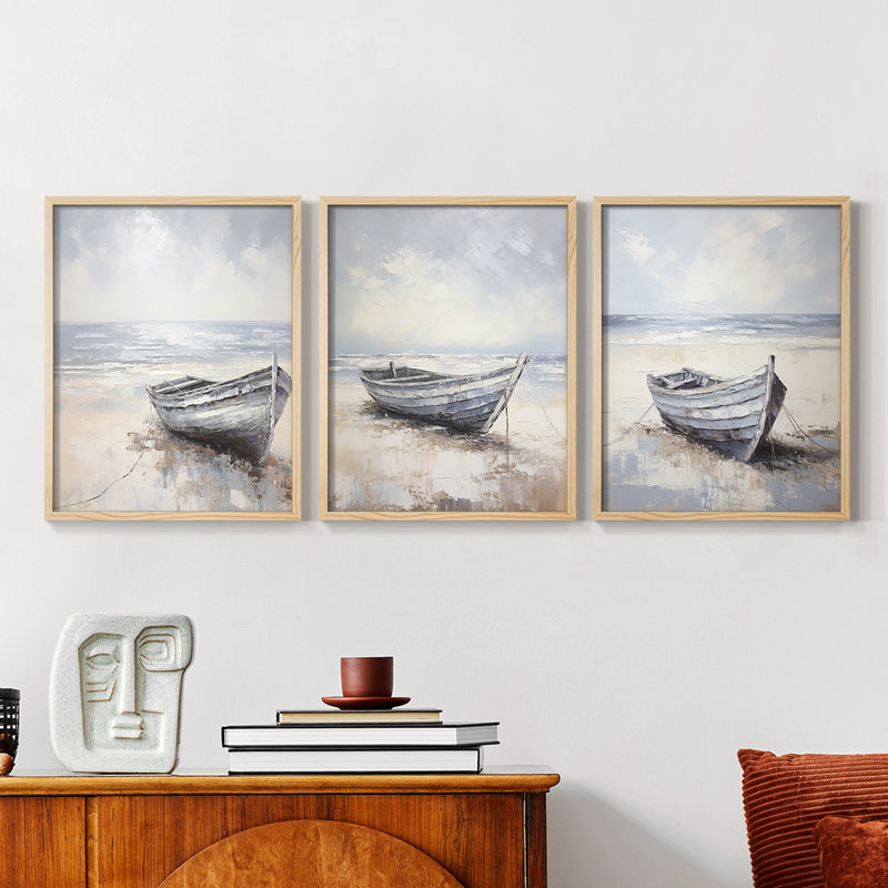 Série Sea and Shore CXVI - Ensemble de 3 estampes numériques encadrées - Prêt à être accroché, Encadré naturel