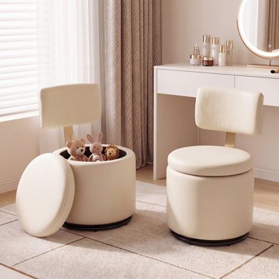 360° Swivel Faux Leather Vanity Stool With Storage,Accent Make-Up Chair For Bedroom, Dressing, Living Room