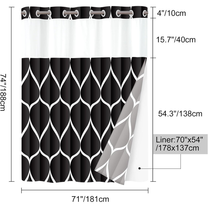 No Hook Shower Curtain With Snap In Fabric Liner Set - Hotel Style With See Through Mesh Top Window - 71X74 INCH, Black
