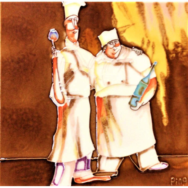 Hand Painted Ceramic Art Tile with Chefs Design, 8x8"