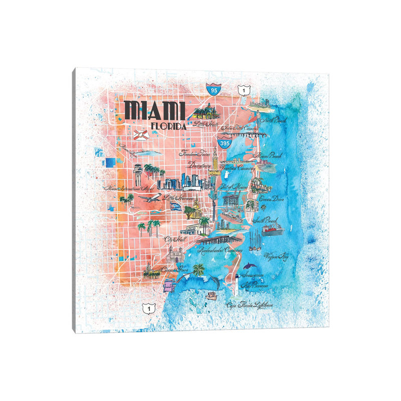 Miami Florida Illustrated Map by Markus & Martina Bleichner - Wrapped Canvas Print, 66.04 cm H x 66.04 cm W x 1.91 cm D