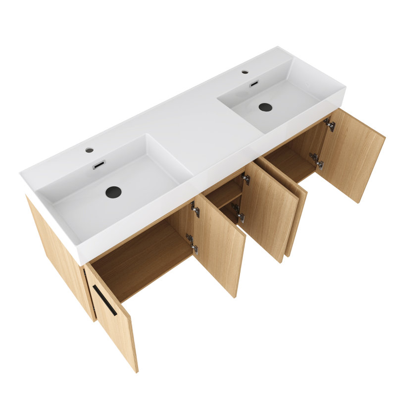Ensemble de meuble-lavabo mural 60 po avec double lavabo en résine, portes à fermeture douce, chêne clair
