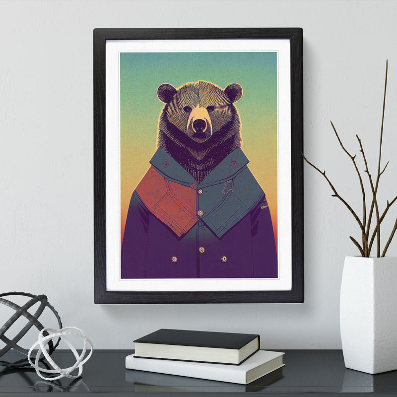 XV1022-989X Bear With Jacket No.1 - Print, White, 66cm H x 48cm W, Black Framed Paper
