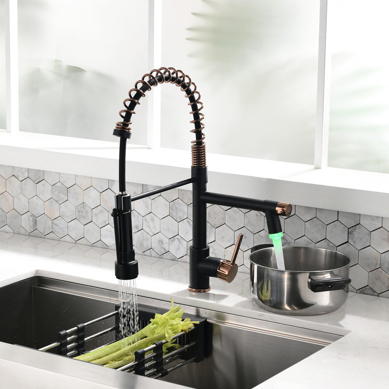 Pull Down Kitchen Sink Tap, Black And Gold, Single Lever Handle, Long-Lasting Performance Faucet, High Arc Spout With 360-Degree Rotation