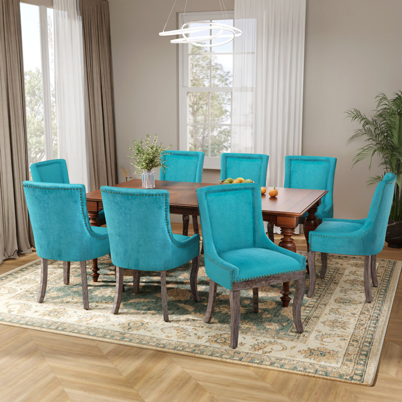 Ensemble de 8 chaises de salle à manger rembourrées et cloutées en tissu épais (ensemble de 8), Bleu