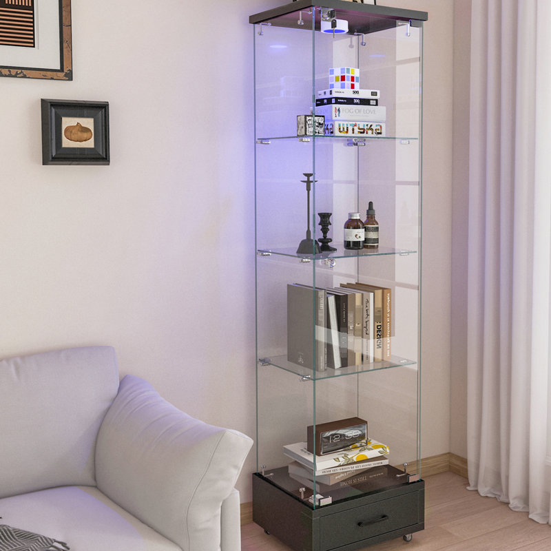 Quick - Build Black Tempered Glass Display Cabinet With 13 Colour Led Lights, 4 Shelf 1 Door For Living And Bedroom Storage In Small Spaces Installation Bookshelf Drawer Lighting, Space Home