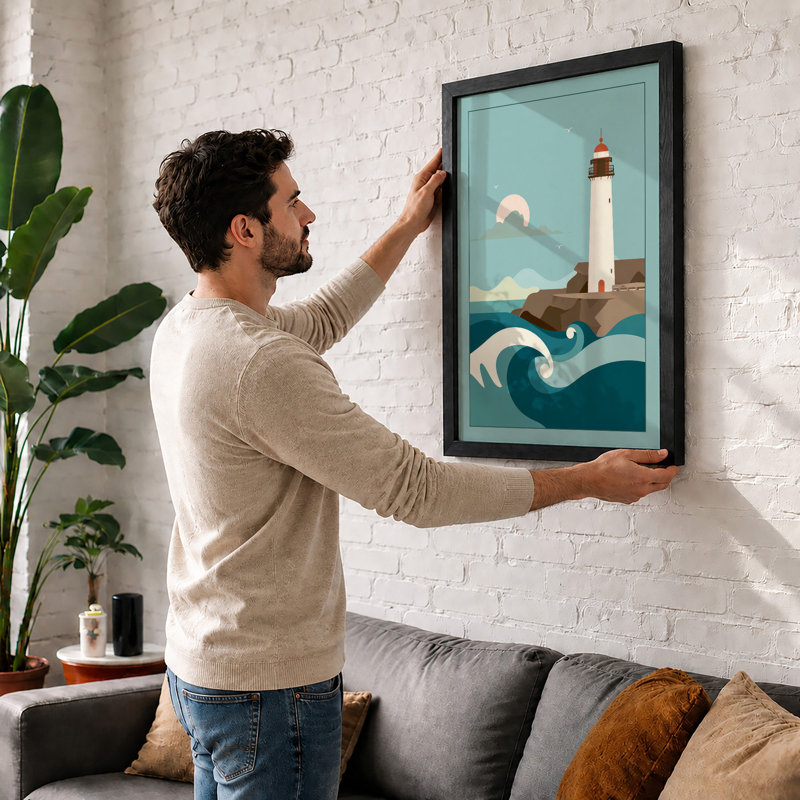 Lighthouse by Moonlight Coastal - Framed Print, A4 - 29.7 x 21.0 cm, Walnut