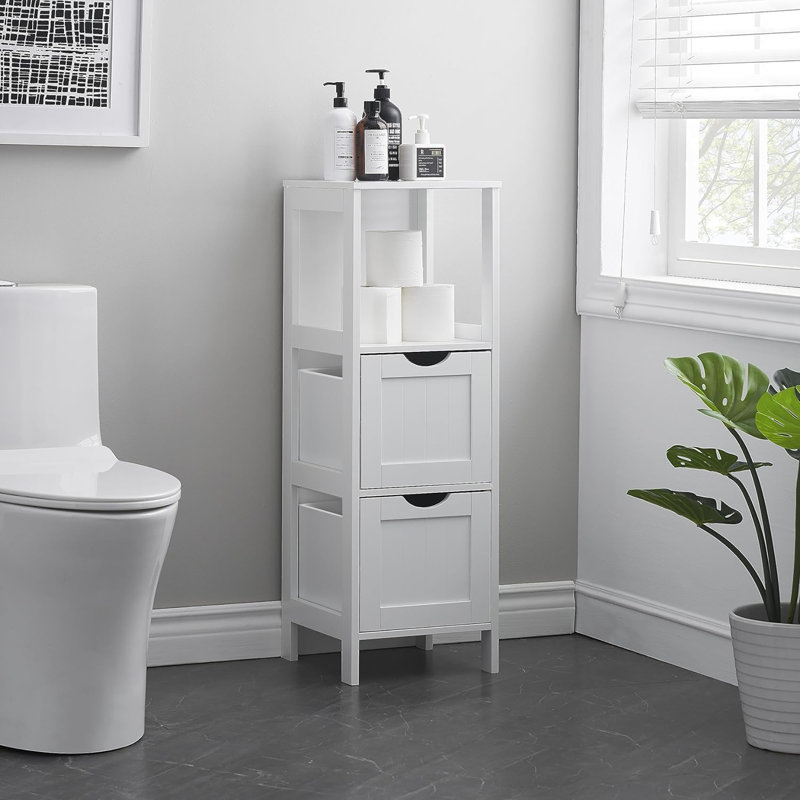 Freestanding Bathroom Cabinet With Open Shelf And 2 Drawers, White Floor Storage Organizer For Bathroom Or Living Room