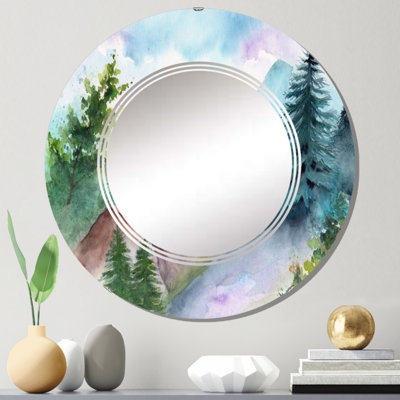 Paysage avec chemin forestier et montagnes lointaines - Miroir mural rond