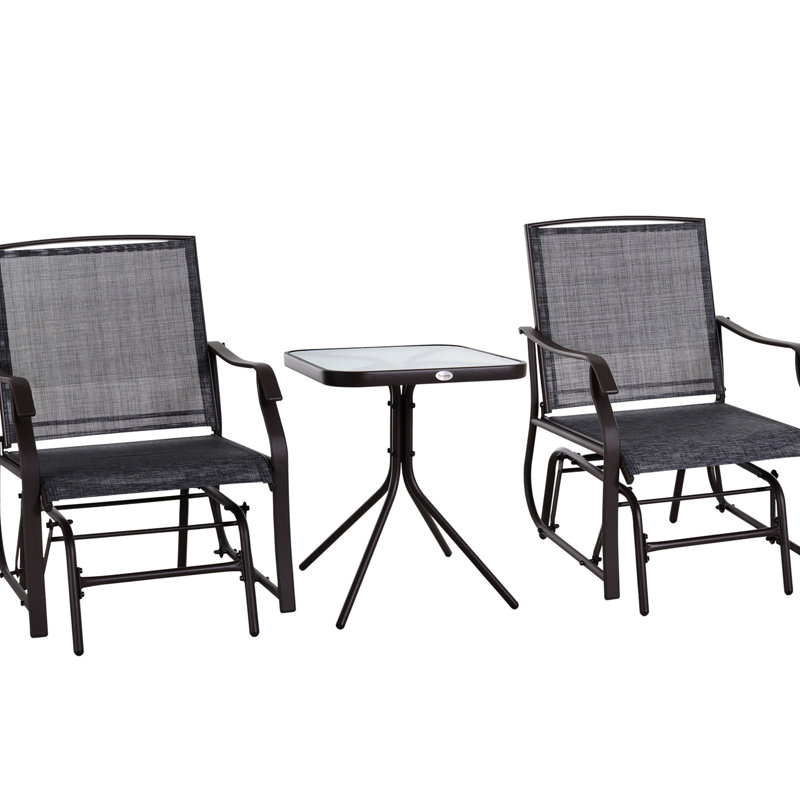 3 Piece Outdoor Glider Chair - . Gray 2 Patio Rocking Swing Chairs With Breathable Sling. Glass Tabletop For Spaces. Suitable Backyard, Garden And Porch. Steel Frame Backyard Table Chairs, Gray,