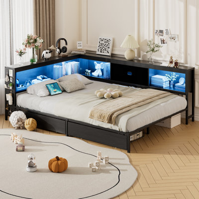 LED Full Size Corner Bed With Charging Station And 2 Drawers Teen Bed With Bookcases
