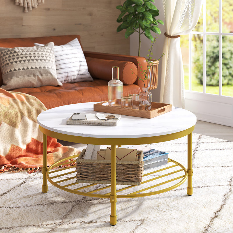 Table basse ronde avec rangement Breyon, Plateau blanc / base dorée