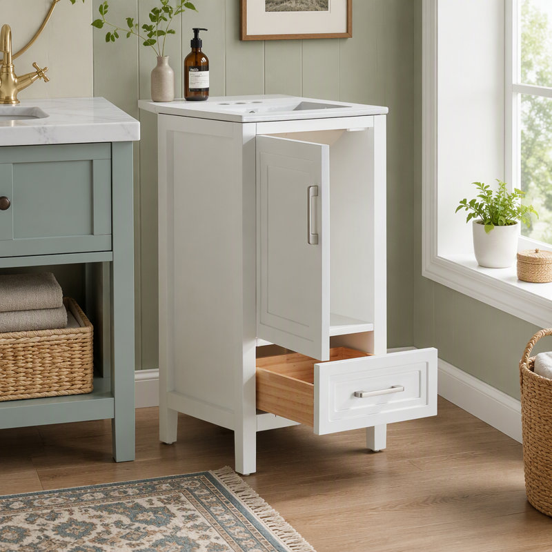 Meuble de salle de bain autoportant, 45,7 cm (18 pouces), blanc avec dessus en céramique, entièrement assemblé