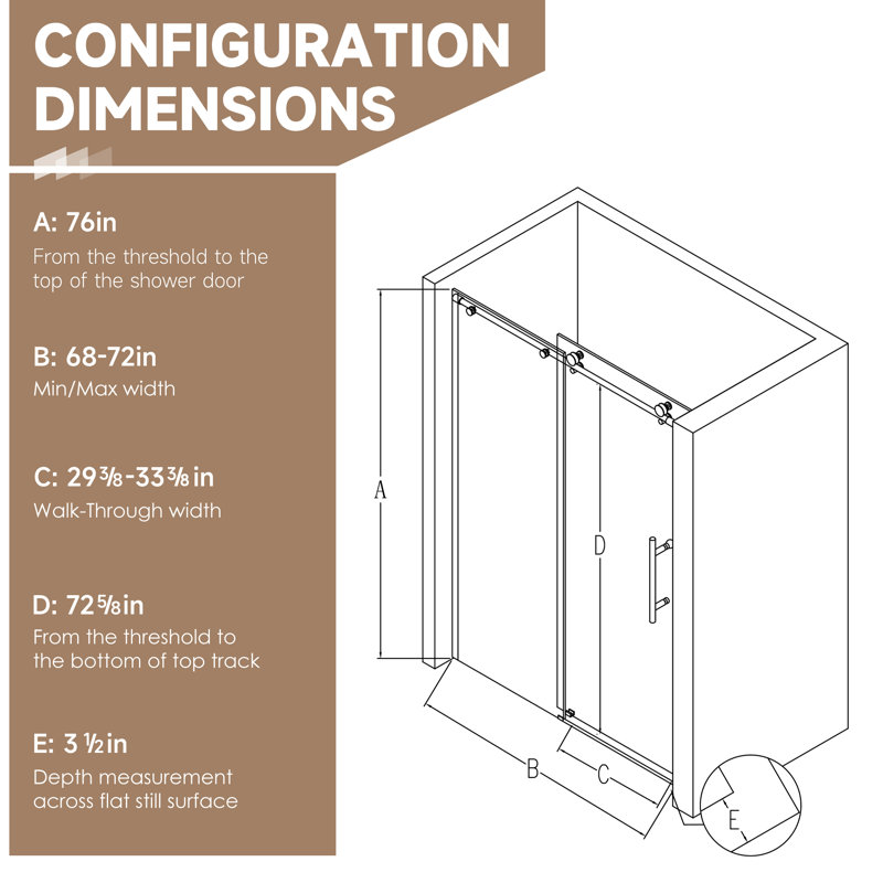 68-72" W x 76" H Frameless Single Sliding Shower Doors, 3/8" Thick SGCC Tempered Glass, Stainless Steel Hardware