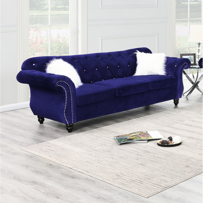 3 velours indigo avec coussins et motif, idéal pour les coussins d'intérieur, dossier à accoudoirs roulés de luxe traditionnels