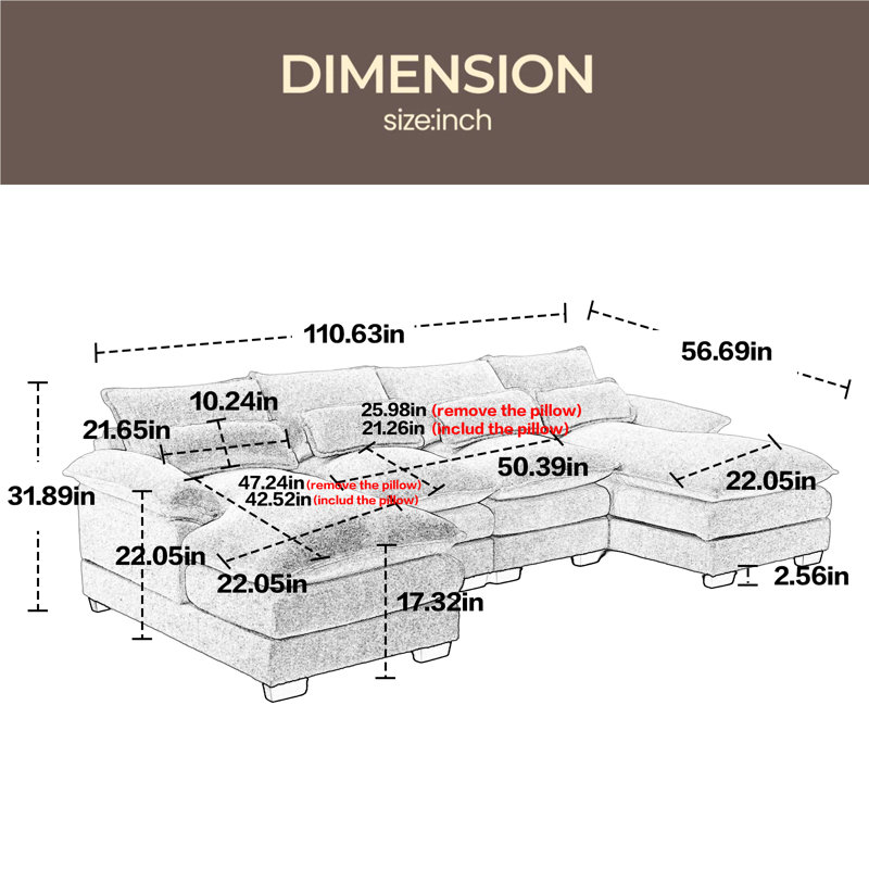 Rembourrage en éponge de haute qualité, structure en bois massif, canapé à quatre places surdimensionné en forme de U