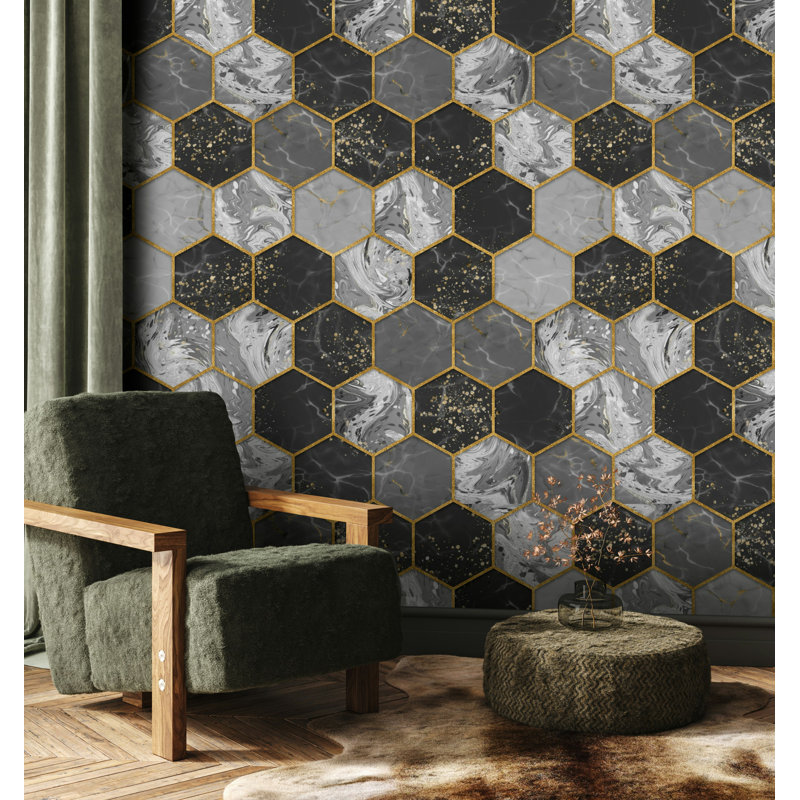 Papier peint noir, gris, marbre, hexagone, ligne dorée, L 99,96 po x l 150 po