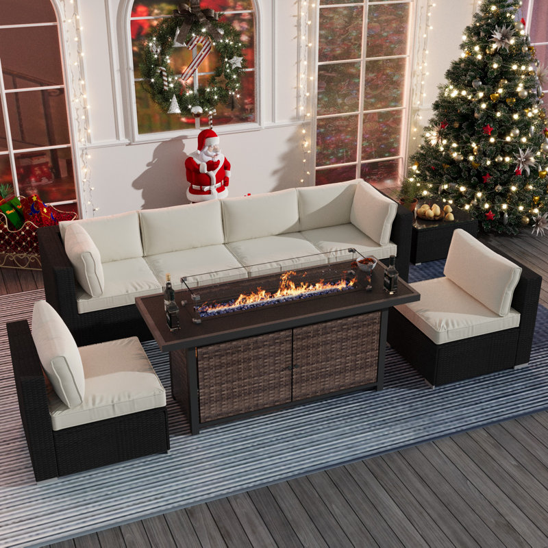 8 Pieces Outdoor Wicker Patio Furniture Set with Fire Pit Table, Beige/Brown