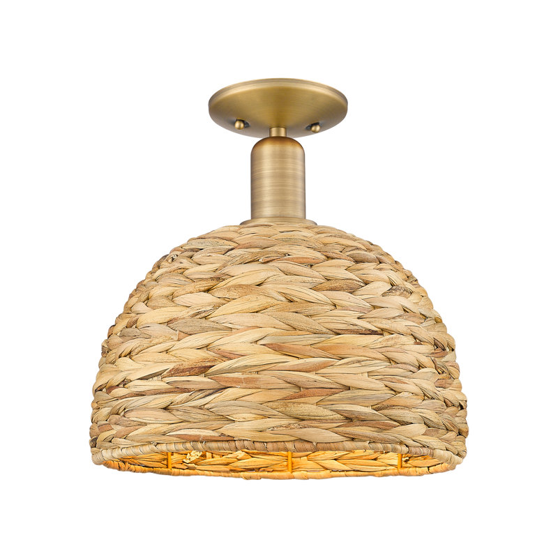 Arcadia - Woven Rattan - 1 Light 12" Semi-Flush Mount, Brushed Brass