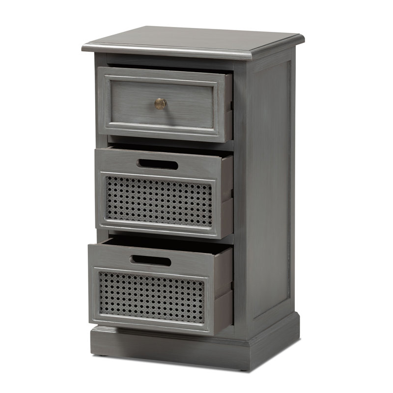 Sheldon Grey Wood and Synthetic Rattan 3-Drawer Nightstand