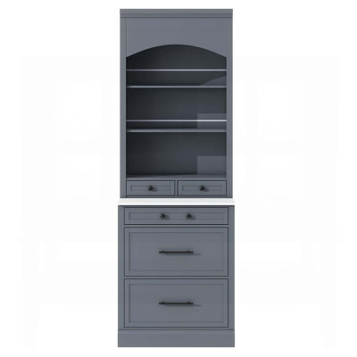 Modern 83.7inch High Kitchen Pantry, Freestanding Tall Hutch with Faux Marble Top and 5 Storage Drawers, Gray