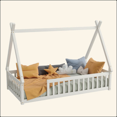Tent-Shaped Floor Bed,Teepee Bed With Guardrails,Slats