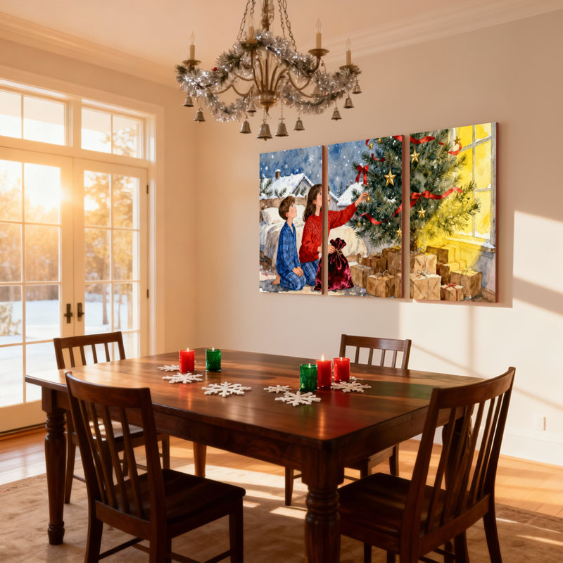 Les enfants de Noël décorent un arbre de Noël avec des cadeaux, ensemble de 3 impressions sur toile, H 18 po x l 36 po