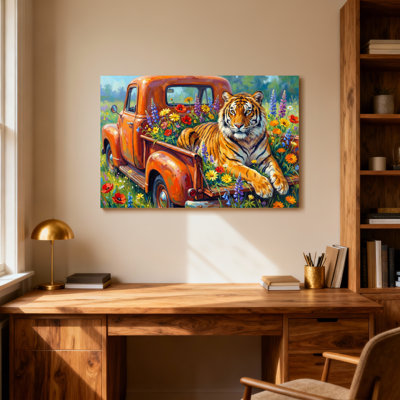 Animals Tiger In Orange Truck With Flowers
