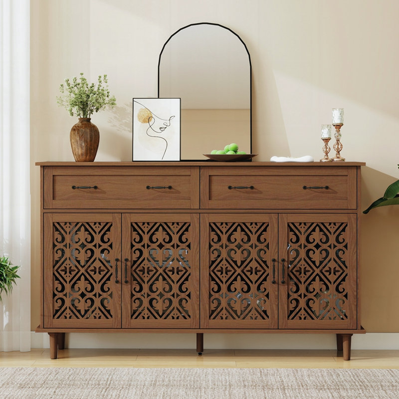 Buffet rétro avec portes creuses sculptées à la main, Noyer