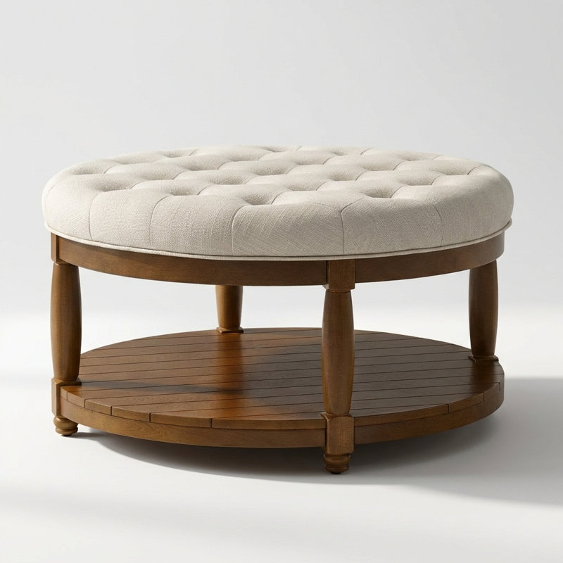 Large Round Tufted Upholstered Ottoman Coffee Table with Wooden Storage Shelf, Ivory, Brown