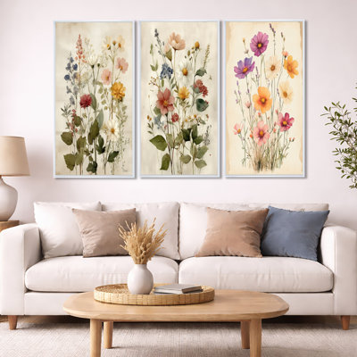 Ensemble de 3 fleurs murales vintage sur fond de ferme rétro "Wildflowers"