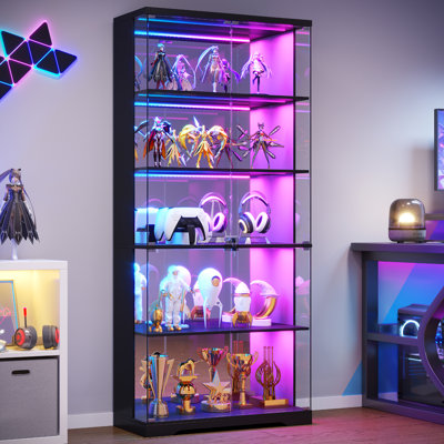 69" H Display Cabinet With Glass Doors,5-Tier Storage Cabinet With Rgb Light& Human Body Sensor