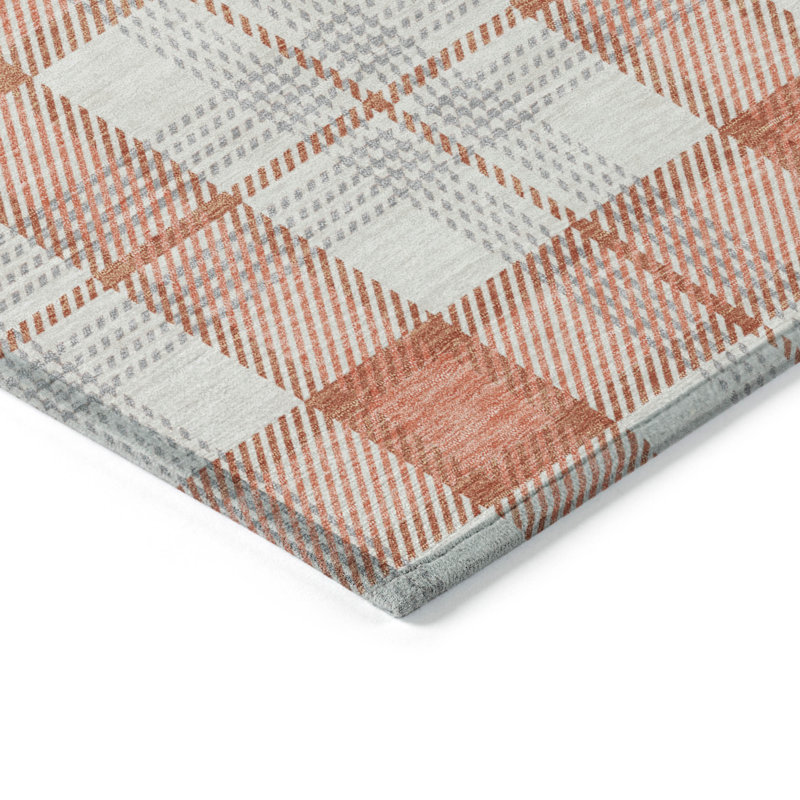 Coral and White Plaid Washable Synthetic Rug 2'6" x 3'10"