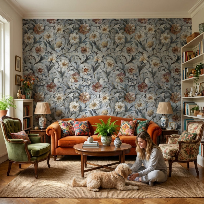 Papier peint floral, décoration murale élégante et rétro
