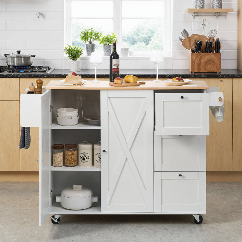 White Kitchen Island Cart with Solid Wood Top, Storage Cabinet, Wheels & Drop Leaf, White, Solid/Manufactured Wood