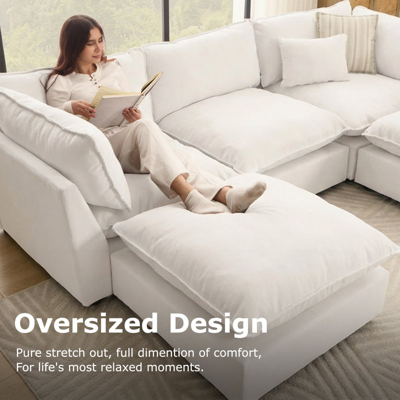 Canapé modulaire rembourré 7 pièces avec assise profonde 7 pièces, Chenille blanche