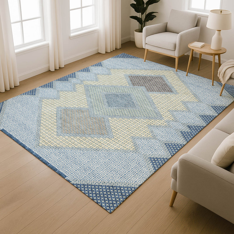 Tapis géométrique Premium lavable à la machine AMF2111 Mayfield, En jean, 10 pi x 14 pi