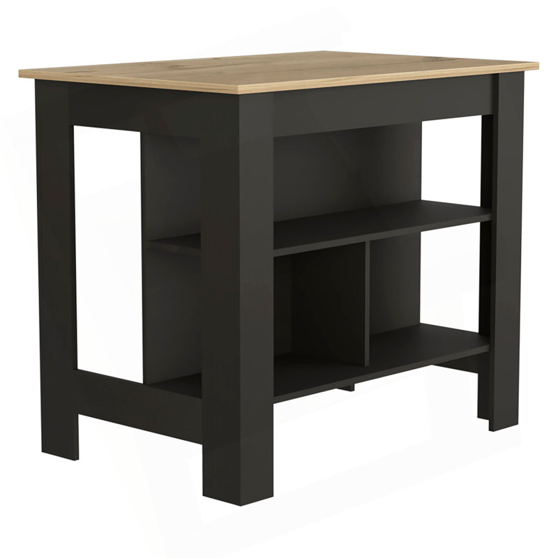 Kitchen Island, Kitchen Table 35" H, Four Legs, Three Open Storage Shelves, Natural/Black