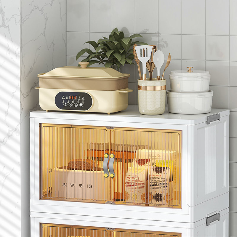 JOYBOS Foldable Storage Cabinet with Transparent Doors, Stackable Closet Organizer Bin for Clothes, Toys, Pantry Items, White
