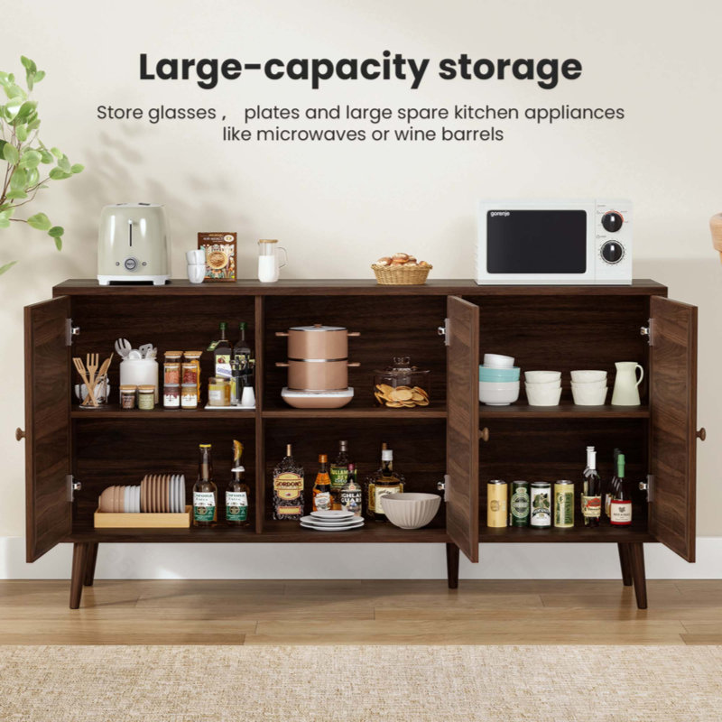 Sideboard Buffet Cabinet With 3 Rattan Doors,Modern Kitchen Storage Console Cabinet For Entryway Living Room, Walnut