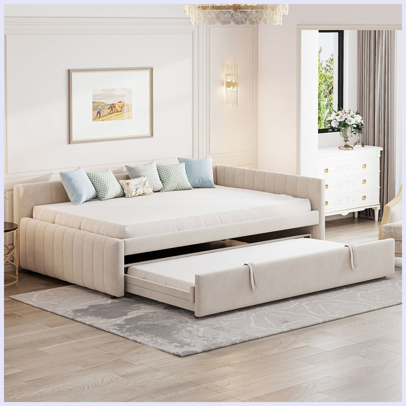 Lit de jour rembourré en L moderne avec lit gigogne Pop Up, Beige