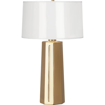 Elegant Polished Gold Ceramic Table Lamp With White Parchment Shade & Gold Mylar Lining - 25.88 Inch Height, 150W Max, Full Range Dimmer, UL Listed