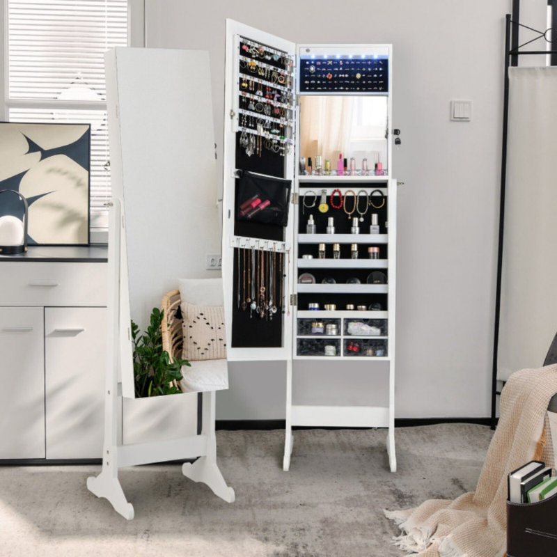 Armoire pour bijoux autoportante pleine grandeur avec lumières, Blanc