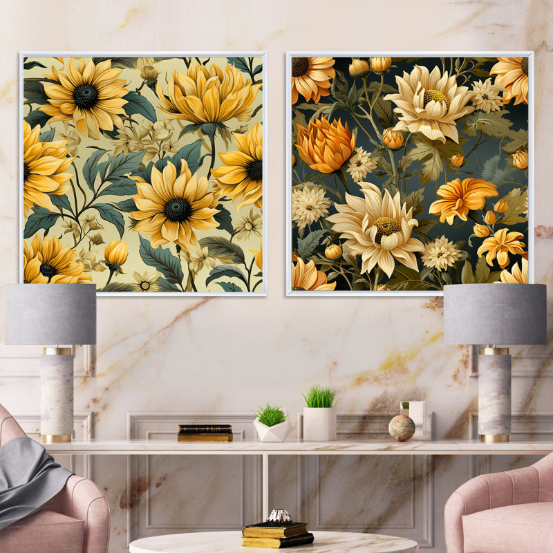 Higgston - Ensemble de 2 collages floraux carrés, Cadre flottant blanc, H 36 po x l 73 po