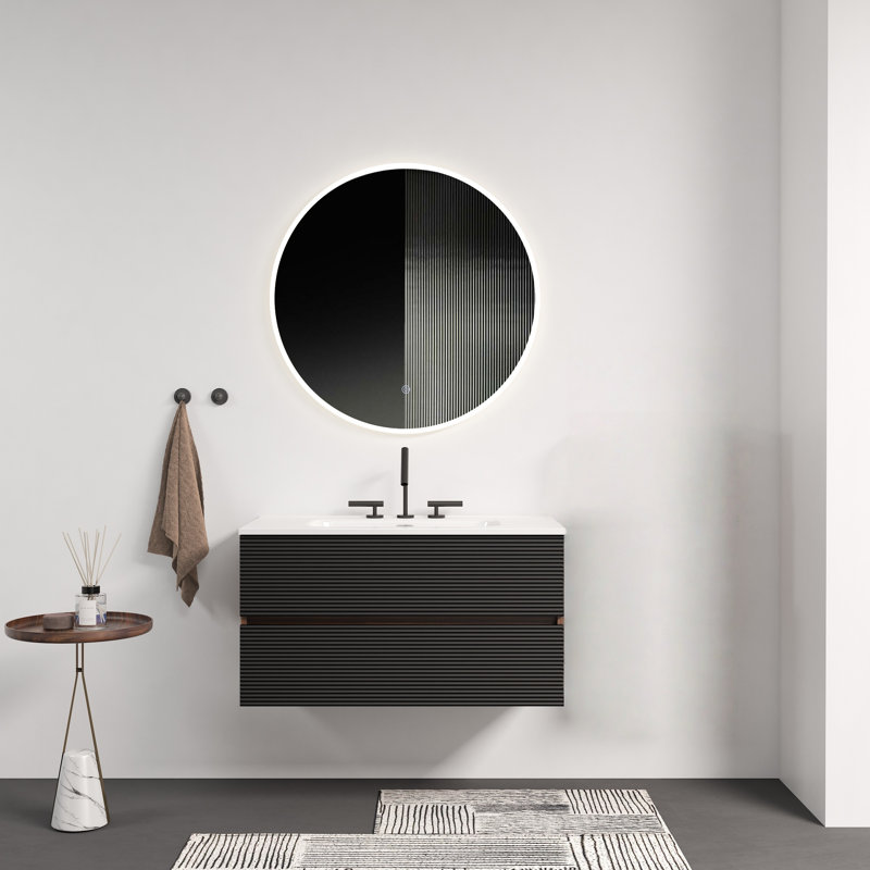 Meuble-lavabo mural noir et noyer 36 po avec lavabo intégré en céramique et trop-plein 36 po, Brun, 36"