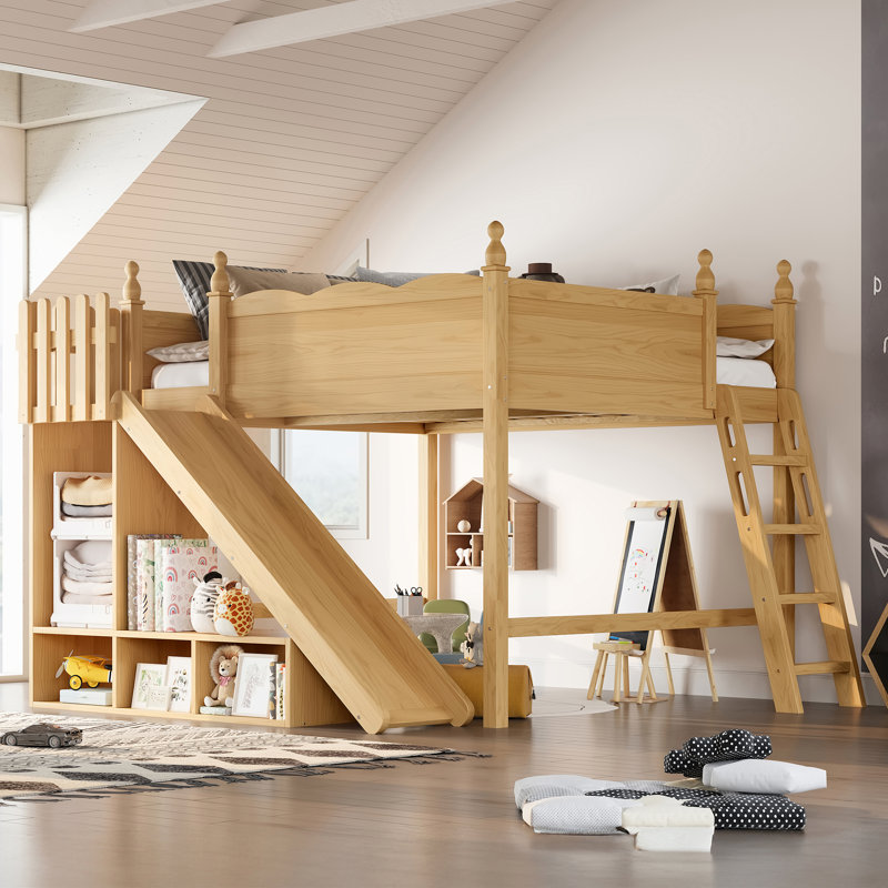 Queen Loft Bed with Storage Shelves & Cabinet, Solid Wood Bed with Detachable Slide & Ladder, No Box Spring, Natural, Natural