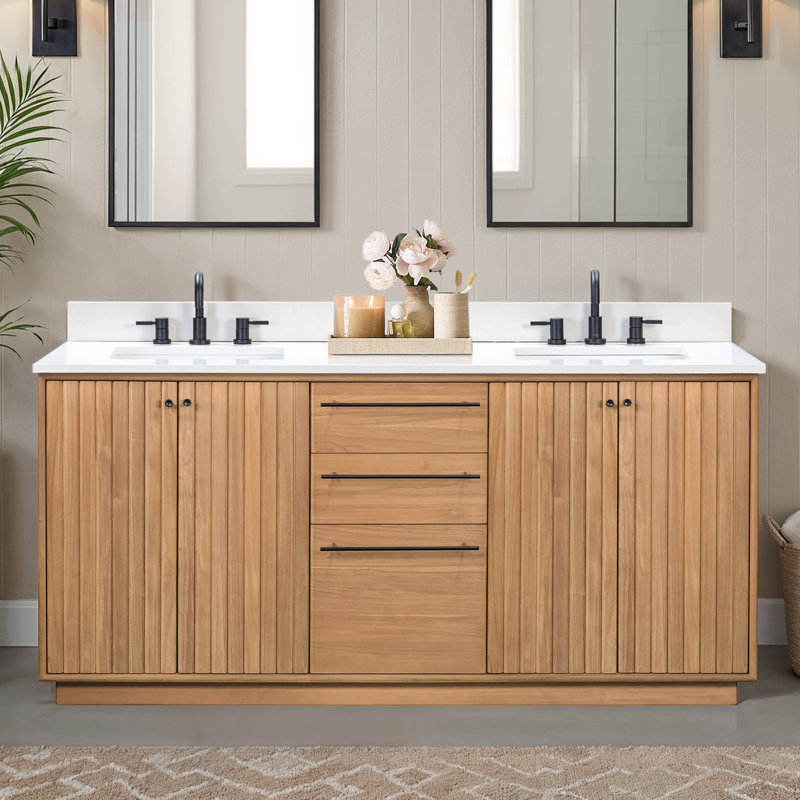 Carter Meuble-lavabo double en teck naturel avec plateau en pierre reconstituée blanche