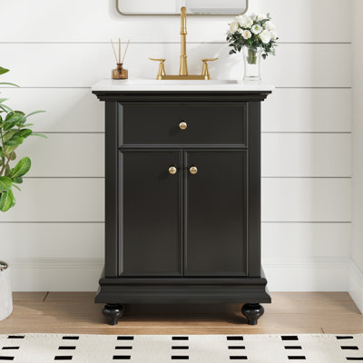 24" Modern Bathroom Vanity with A Tip-Drawer & Soft-Close Hinges, Bathroom Cabinet with Back Open Structure, Ball-Turned Legs with French Elegance