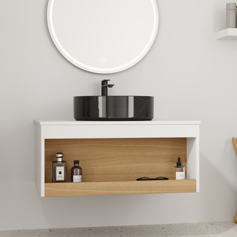Ensemble de meuble-lavabo flottant 30 po - Design mural peu encombrant avec vasque, Black with white patterns